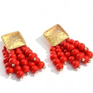 Gold and Red Beaded Earrings M538